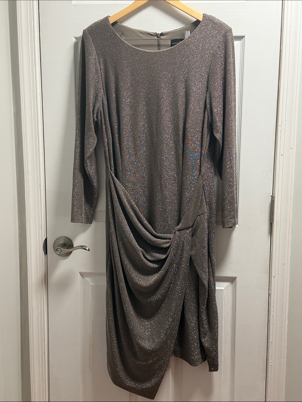 Sparkle Draped Long-Sleeve Midi Dress - Taupe